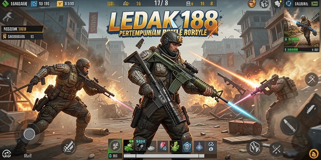 Tangkapan layar gameplay LEDAK188 menampilkan aksi pertarungan Battle Royale yang intens.