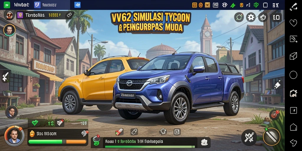 Tampilan gameplay VV62 yang menunjukkan aksi membangun perusahaan Tycoon.
